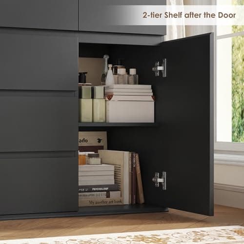 FOTOSOK 5 Drawer Dresser, Black Dresser for TV Stand, Double Wide Storage Chest of Drawers with Door, Deep Drawers and Wide Storage Space 6