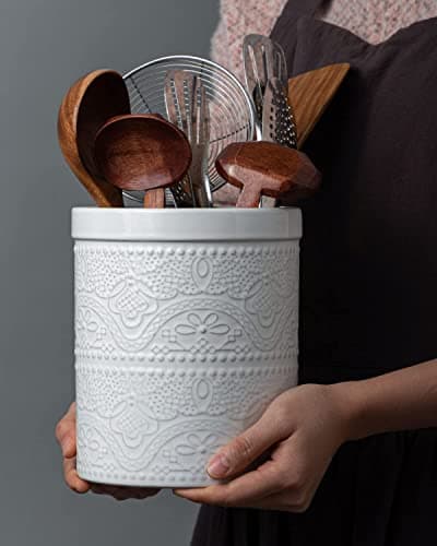 FUN ELEMENTS Kitchen Utensil Holder, 7.2" Super Large Utensil Crock Heavy and Stable Lace Emboss Ceramic Utensil Holder for Kitchen Counter (Bright White) 7