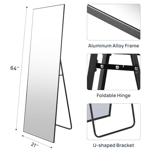 ENJOYBASICS 64"x21" Full Length Mirror with Stand, Large Full Size Body Mirror Hanging or Leaning Against Wall, Aluminum Alloy Wall Mirror, Floor Mirror for Bedroom Living Room Dressing Room, Black 7