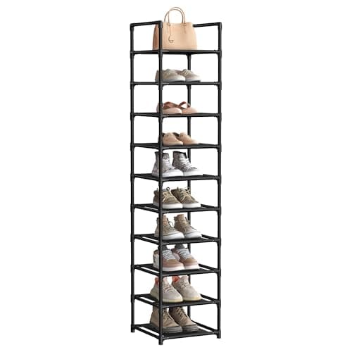 SONGMICS Shoe Rack, 10-Tier Shoe Shelf, Shoe Storage Organizer, 13 x 13 x 68 Inches, Metal Frame, Non-Woven Fabric Shelves, for Entryway, Bedroom, Black ULSR110B02