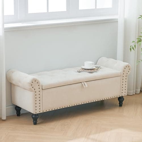 Dowiean 51" Storage Ottoman Bench, End of Bed Bench for Bedroom, Storage Ottomans for Foot of Bed, Chenille Upholstered Benches, Window Benches for Living Room, Entryway, Beige 7