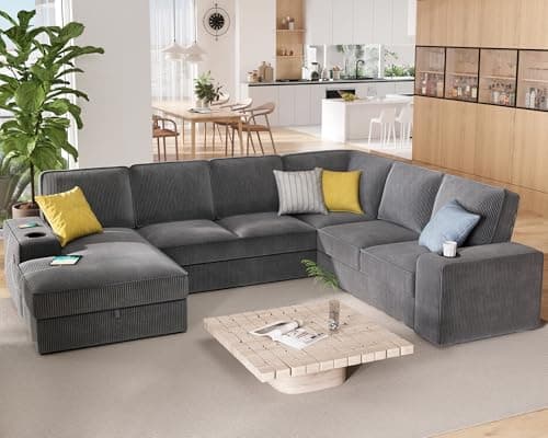 PaPaJet U Shaped Couch, 112 Inch Oversized Couch with Storage Chaise, Sectional Sofa with Cup Holders & 2 USB Ports, Corduroy Grey Sofa 8