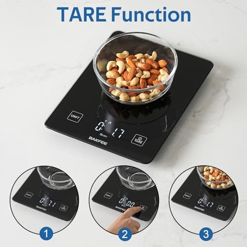 BAKFEE IP67 Waterproof Food Scale with Tempered Glass Surface, 22lb Kitchen Scale 1g Precision, USB Rechargeable, LED Display, Grams and Ounces, for Baking, Cooking, Making Sourdough Bread. Black 7