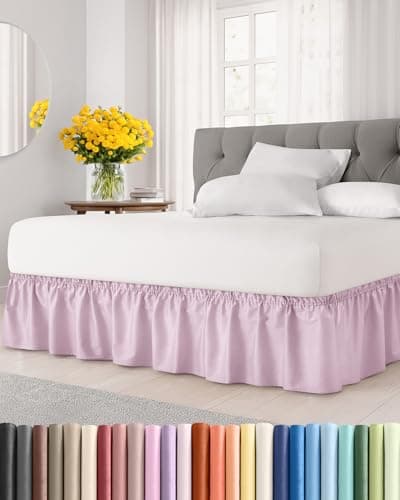 Wrap Around Dust Ruffle Bed Skirt - Light Pink - for Queen Size Beds with 24 Inch Drop - Elastic Strap - Adjustable Pleated Bedskirt with Brushed Fabric and Wrinkle Free - For Women, Men, Kids & Teens