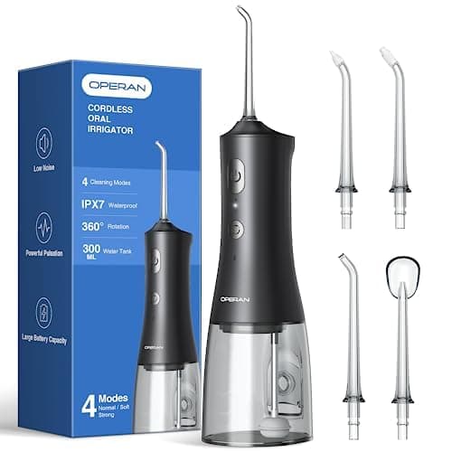 Operan Water Flosser for Teeth Cleaning Upgraded 300ml Cordless Water Dental Flossers Rechargeable Oral Irrigator with 4 Modes 4 Jet Tips IPX7 Waterproof Water Floss for Home Travel (Black)+1Pack