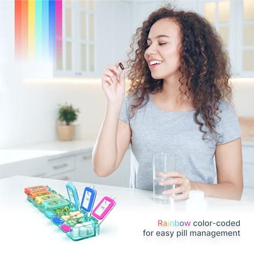 BEXEEN Weekly Medicine Pill Organizer Waterproof 7 Day Large Pill Box Daily Pill Case Cute Vitamin Organizer Portable Pill Container Travel Pills Holder XL Supplement Medication Dispenser One a Day 6