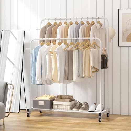 Laiensia Double Rods Garment Rack with Wheels, Clothing Rack for Hanging Clothes,4 Hooks, Multi-functional Bedroom Clothes Rack, White 4