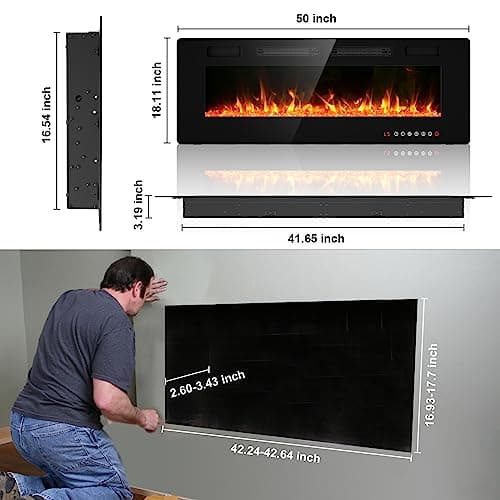 50" Ultra Thin Electric Fireplace, Wall Mounted & Freestanding, LED Fireplace Insert, Wall Fireplace for Living Room/Bedroom w/Touch Screen, Remote Control, 750W/1500W, Quiet, 8H Timer 6
