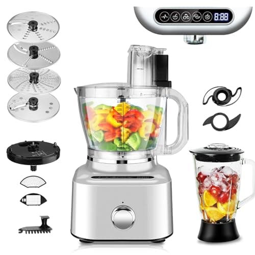 Homtone 16 Cup Food Processor, Aluminum-Diecast Blender and Food Processor Combo, 5 Preset Modes Vegetable Chopper Electric, 8 Blades 11 Functions for Home Use, Stepless Speed Control, 650W, Sliver