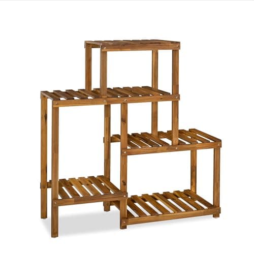 VICTORY RELAX 5 Tier Acacia Wood Plant Stand, Wooden Stepped Slatted Holder Up to 9 Pots, Tall 48 Inch Storage Rack Cabinet for Balcony Living Room Deck Balcony Garden Patio