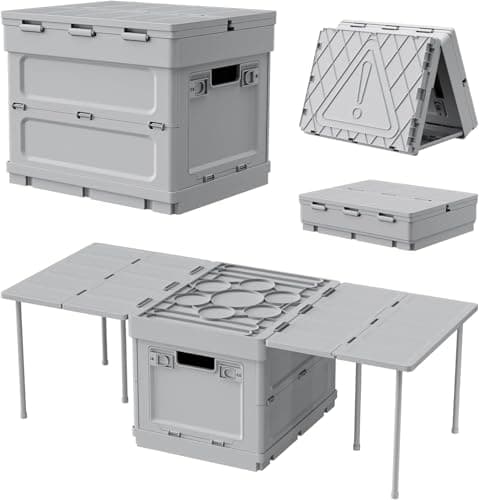 Foldable Camping Table with Storage, 3 in 1 Lightweight Camp Kitchen Box with Parking Warning Sign for Indoor, Outdoor, Fishing, BBQ, Picnic, White