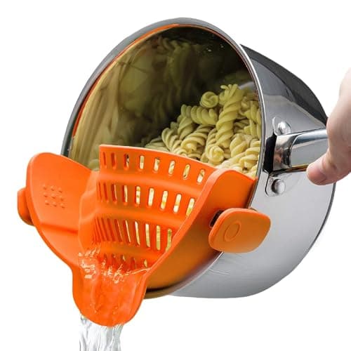 Kitchen Gizmo Snap N Strain Clip On Strainer for Pots and Pans - Adjustable Silicone Colander for Kitchen - Compact Clip-On Food Strainer for Draining Pasta and Vegetables - Orange