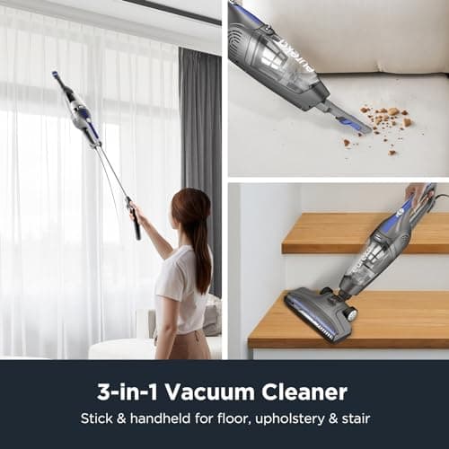 Eureka Corded Stick Vacuum Cleaner for Home Pet Hair, Lightweight Stick Vacuum Cleaner with Powerful Suction for Carpet Tile and Hard Floor, Blue, 3-in-1 Handheld Vac NES312 5