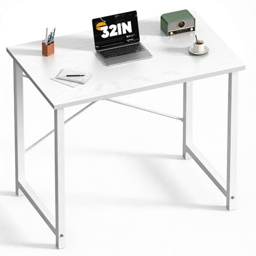 Sweetcrispy Computer Small Desk, 32 Inch Office Writing Work Study Student Home Bedroom Table with Metal Frame Wooden Tabletop No Wheels - White Wood