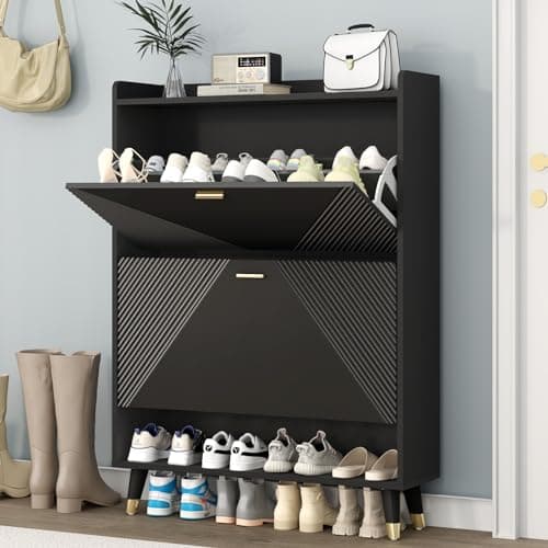 howcool Shoe Storage Cabinet with 2 Flip Drawers, Slim Wooden Freestanding Shoe Cabinet with Cubby and Shelf, Hidden Narrow Shoe Rack Organizer for Entryway Hallway, Holds 24 Pairs, Black