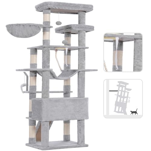 Heybly Tall Cat Tree, 78-inch Multi-Level Cat Tower for Indoor Cats, 2 Widened Plush Perches Cat Condo with Scratching Board and Big Caves, Light Gray HCT033W 8