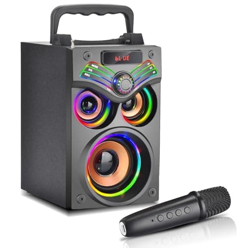SUPINIU Bluetooth Speaker, 15W Wireless Portable Speaker with LED Owl Lights, Stereo Sound, FM Radio, EQ, TF, Party Speakers with Wireless Microphone for Home,Camping, Beach,Garage