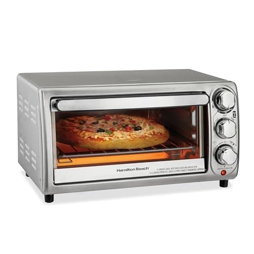 Hamilton Beach 4-Slice Toaster Oven with 5 Cooking Modes (Bake, Broil, Keep Warm Toast & Bagel) with Stay On & Auto Shutoff, 2 Rack Positions, 1100 Watts and 3 Accessories, Stainless Steel (31143)