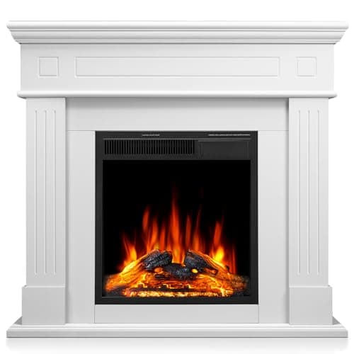 R.W.FLAME 43” Electric Fireplace Mantel Wooden Surround Firebox, TV Stand with Freestanding Electric Fireplace, Remote Control, Adjustable Led Flame, 750W/1500W Pearl White 9