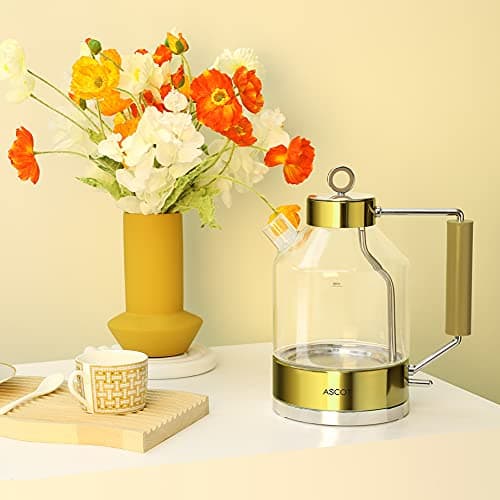 ASCOT Electric Kettle, Glass Electric Tea Kettle Gifts for Men/Women/Family 1.5L 1500W Borosilicate Glass Tea Heater, with Auto Shut-Off and Boil-Dry Protection (Gold) 7