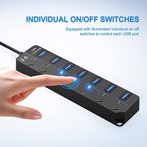 ONFINIO USB Hub 3.0, 7-Port USB Hub Splitter with Individual On/Off Switches and Lights, 3.2ft/1m Long Cable Compatible with MacBook, Laptop, Surface Pro, PS4, PC, Flash Drive, Mobile HDD 5