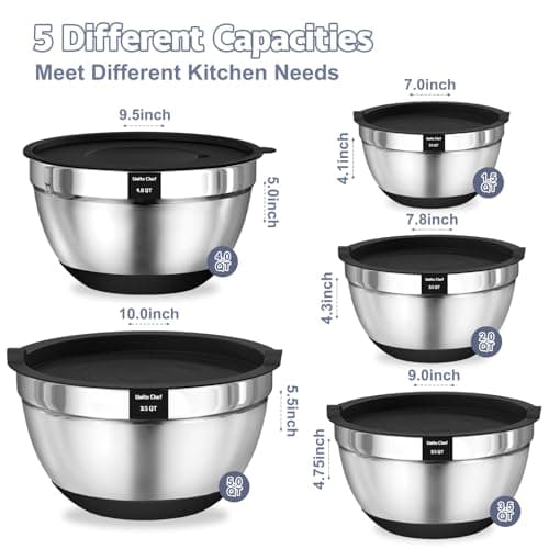 Umite Chef Mixing Bowls with Airtight Lids, 8PCS Stainless Steel Nesting Mixing Bowls Set, 3 Grater Attachments & Non-Slip Bottoms, Black Kitchen Bowls, Size 5, 4, 3.5, 2, 1.5QT for Baking & Serving 4