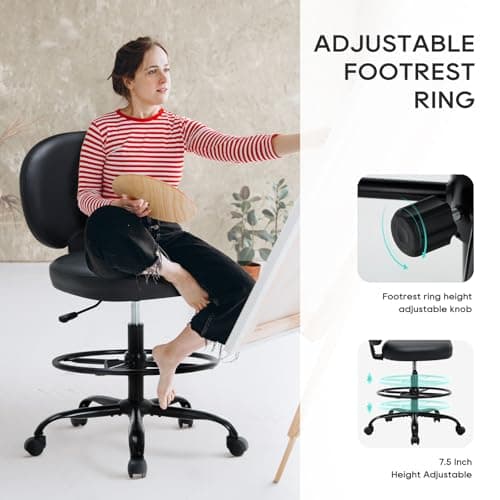 MALOL Drafting Chair-Tall Office Chair 275lbs, Standing Desk Chair with Adjustable Footrest Ring, Wide Seat, Thick Cushion and Back, High Office Counter Desk Chair for Home Bar Kitchen Shop, Black 6