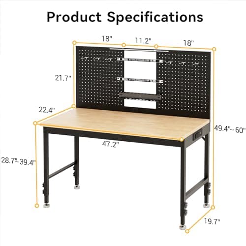 47.2'' Work Bench with Tool Holders, Adjustable Height Workbench with Pegboard, LED Light, Max Load 2000 LBS Work Table, Built-in Power Strip, Heavy Duty Tabletop for Woodworking Shop, Garage, Office 5