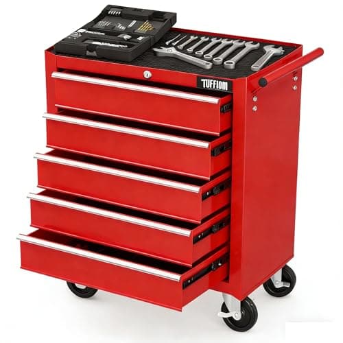 TUFFIOM 5-Drawer Rolling Tool Chest w/Drawers & Lock, Tool Storage Cabinet with Lockable Wheels, Top Cushion & Drawer Liners, Tool Organizer Box for Garage, Warehouse & Repair Sho