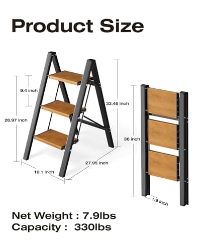 Taranta 3 Step Ladder,Aluminum Lightweight Folding 3 Step Stool with Anti-Slip Wide Pedal, 330lbs Capacity Step Ladder for Household,Kitchen,Office - BlackWoodgrain 8