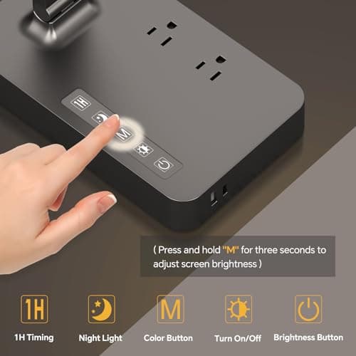 Power Strip with LED Desk Lamp: Table Lamp with Charging Station - 2 Outlets 1 USB-A Ports 1 Type-C Ports, Surge Protection and Led Display, 5ft Extension Cord, 5 Color Modes 5 Brightness 6