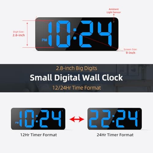 LED Digital Wall Clock with Large Display, Big Digits, Auto-Brightness, 12/24Hr Format, Modern Electric Small Silent Wall Clock for Living Room, Bedroom, Classroom, Farmhouse, Kitchen, Office - Blue 3