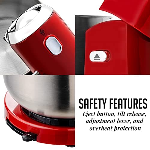 OVENTE Electric Stand Mixer with 3.5 Quarts Stainless Steel Mixing Bowl, 5 Speed Portable and Lightweight 250W Kitchen Mixer for Everyday Use, Includes 2 Egg Beater Whisk and Dough Hook, Red SM680R 8