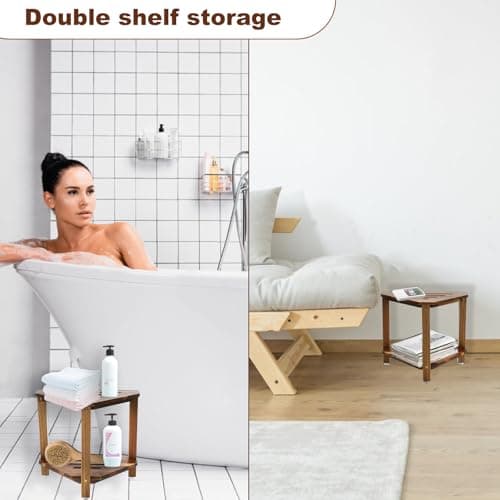 IBosins Corner Shower Stool with Storage Shelf Shower Foot Rest for Shaving Legs Small Bench for Inside Shower to Sit on Bath Seat - Acacia Wood 5