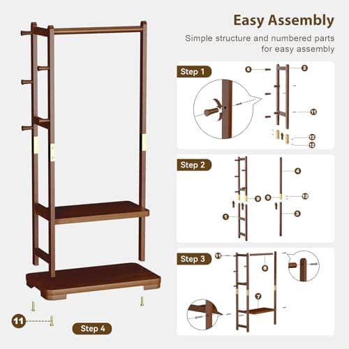 Taitiy Coat Rack Solid Wood Clothes Rack with 2 Shelves & 4 Hooks for Hanging Clothes Garment Wallets Hats, Clothing Rack Heavy Duty Coat Rack Freestanding with Storage Hall Tree for Hallway Bedroom 8