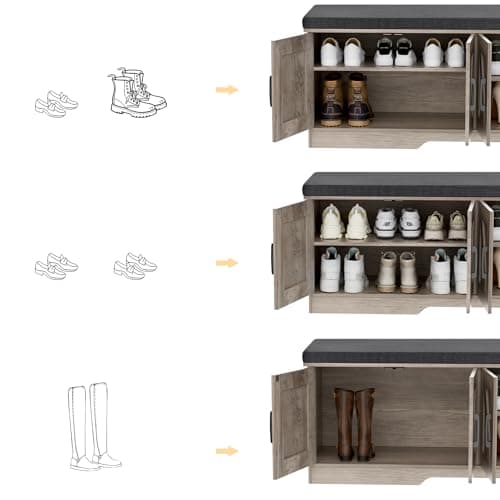 HOMSHO 2-Tier Storage Bench, 47.2" Wide Shoe Bench with Padded Seat Cushion, Entryway Bench with 4 Barn Doors and Adjustable Shelf, Greige 6