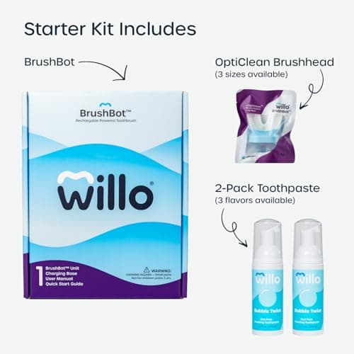 Willo BrushBot Kids U-Shaped Toothbrush Starter Kit - Automatic Toothbrush for Kids, 2 Minute Timer, App Connectivity, Soft Bristles, Rechargeable, Plaque Removal - Medium Bubble Fluoride & Dye-Free 7