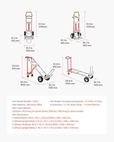 VEVOR 4 in 1 Hand Truck, 1000 lbs Load Capacity for 4-Wheel Mode, Convertible Hand Truck Dolly with Non-Slip Handle & Wheels, Aluminum Alloy Portable Trolley Dolly for Moving Home, Office, Warehouse 7