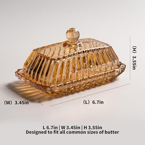 Champagne Color Glass Butter Dish with Lid, Covered Butter Stick Holder Tray, Crystal Glass Butter Storage Container for Kitchen Countertop 6