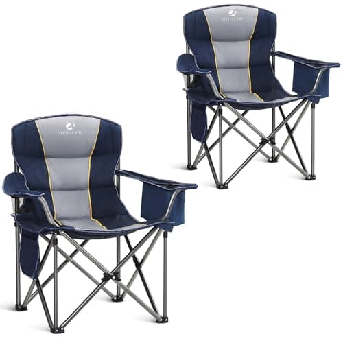 ALPHA CAMP Heavy Duty Camping Chair 500 LBS Capacity, Oversized Folding Chair for Heavy People, Padded Portable Outdoor Chair with Cooler Bag & Cup Holder for Camping, Fishing, Beach,NavyBlue,2PC