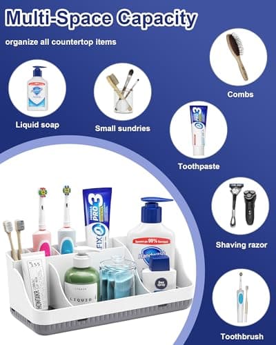 Bathroom Counter Organizer and Storage, 7 Slots Detachable Toothbrush Holders for Bathrooms, Anti-Slip Electric Toothbrush and Toothpaste Holder Countertop Vanity Organizer Accessories for Adults Kids 7
