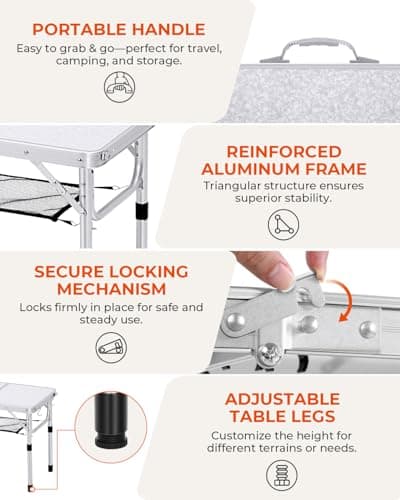 Sportneer Camping Table: Adjustable Height Small Folding Table 23.6" L x 15.7" W 2 Height with Mesh Layer - Compact & Portable Camping Essentials for Outdoor Camp Garden Picnic BBQ Dining Cooking 5