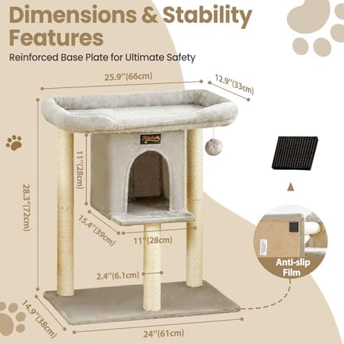 Cat Tree Tower Scratching Post for Indoor Large Cats, Small Cat Tree with Big Perch Bed, 28in Tall Trees House with Condo Cave, Toy Balls, Modern Climbing Furniture Platform for Kitten (Light Gray) 8