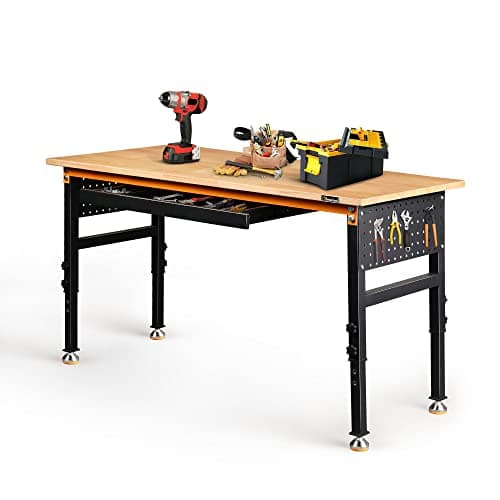 Betterhood 60" Heavy-Duty Adjustable Workbench for Garage, Rubber Wood Shop Table W/Double Pegboards & Drawer,Hardwood Workstation Weight Capacity Over 2000 Lbs