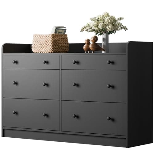 Cozy Castle Baby Dresser with 6 Drawers and Large Table Top, Multi-Functional Chest of Drawer, Drawer Dresser with Three-Sided High Rails for Nursery, Children's Room, Bedroom, Black 9