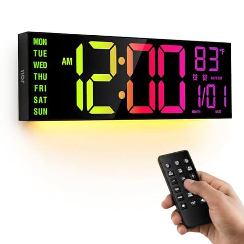 JALL 16.15 inch Large Digital Wall Clock, RGB Lights with Remote Control, Dual Alarms with Big LED Display, Auto DST, C° / F° Temperature for Classroom, Birthday Gift, Senior
