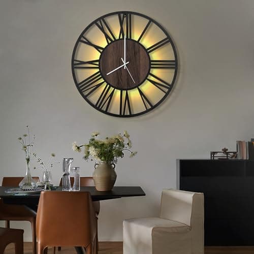 LEIKE Large LED Wall Clocks,Silent,Non Ticking,Battery Operated Rustic Round Modern Big Wood Wall Clock for Living Room, Bedroom,Kitchen,Farmhouse,Office,Home Decor -24" Black,LED,Roman Number 5