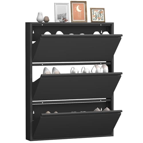 GREATMEET Shoe Cabinet with 3 Flip Drawers, Metal Entrance Shoe Cabinet Storage for Entryway, Modern Hidden Narrow Shoes Rack Organizer Wall Mount for Living Room, Bedroom, Hallway,Black