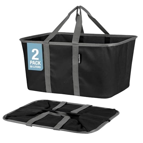 CleverMade Collapsible Laundry Tote 2-Pack (50L) – Foldable Carry-All Storage Bin for Laundry, Car Trunk, RV, Dorm & Home Organization - Black
