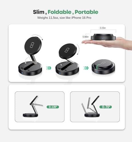 Magnetic Wireless Charger 15W Fast Mag Safe Charger Pad for iPhone 16 Pro Max/16 Pro/16 Plus/16/15/14/13/12 Series Foldable Charging Station Apple Mag-Safe Charger for AirPods 3/2/Pro 2/Pro 7